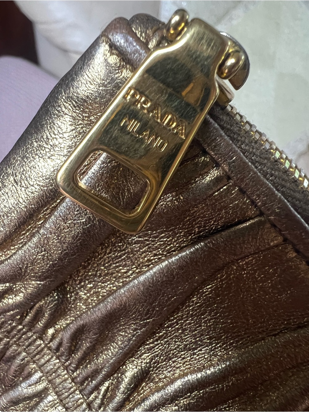 PRADA Metallic Gold Ruched Leather Clutch - Picture 6 of 11
